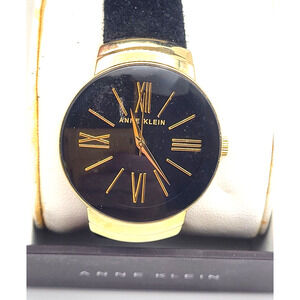 ANNE KLEIN Diamond Collection Watch Black Leather Band Black Dial Gold Letters